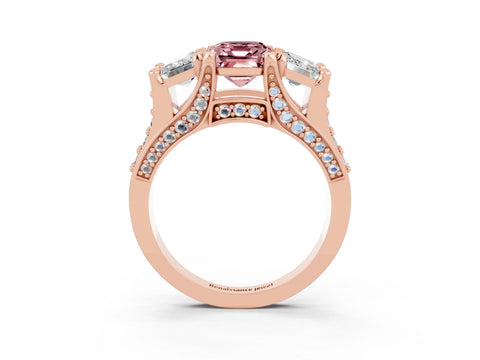 Rose gold Emerald Cut Morganite Three-Stone Ring with Channel Set Band and Four-Prong Setting_3