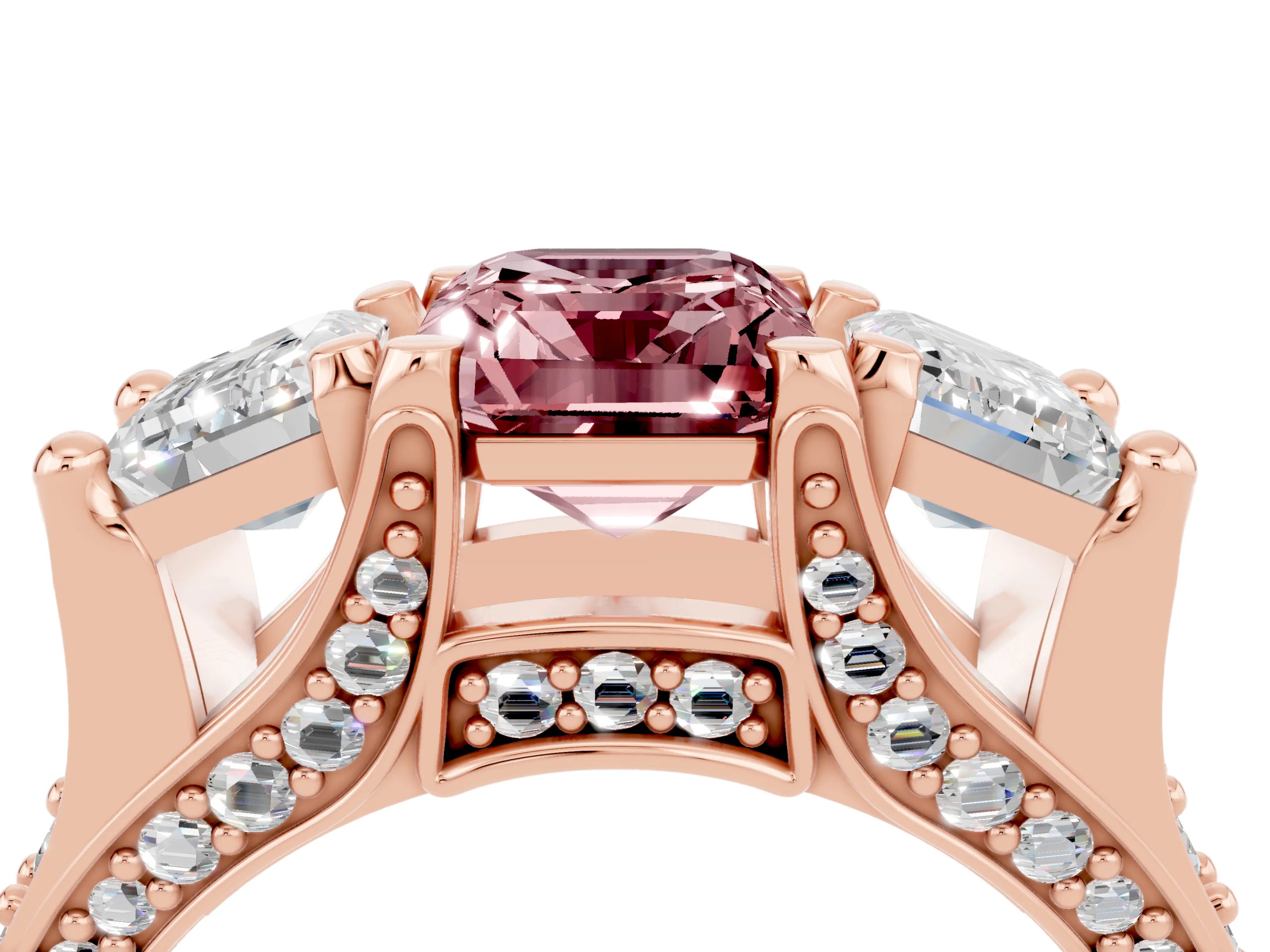 Rose gold Emerald Cut Morganite Three-Stone Ring with Channel Set Band and Four-Prong Setting_4