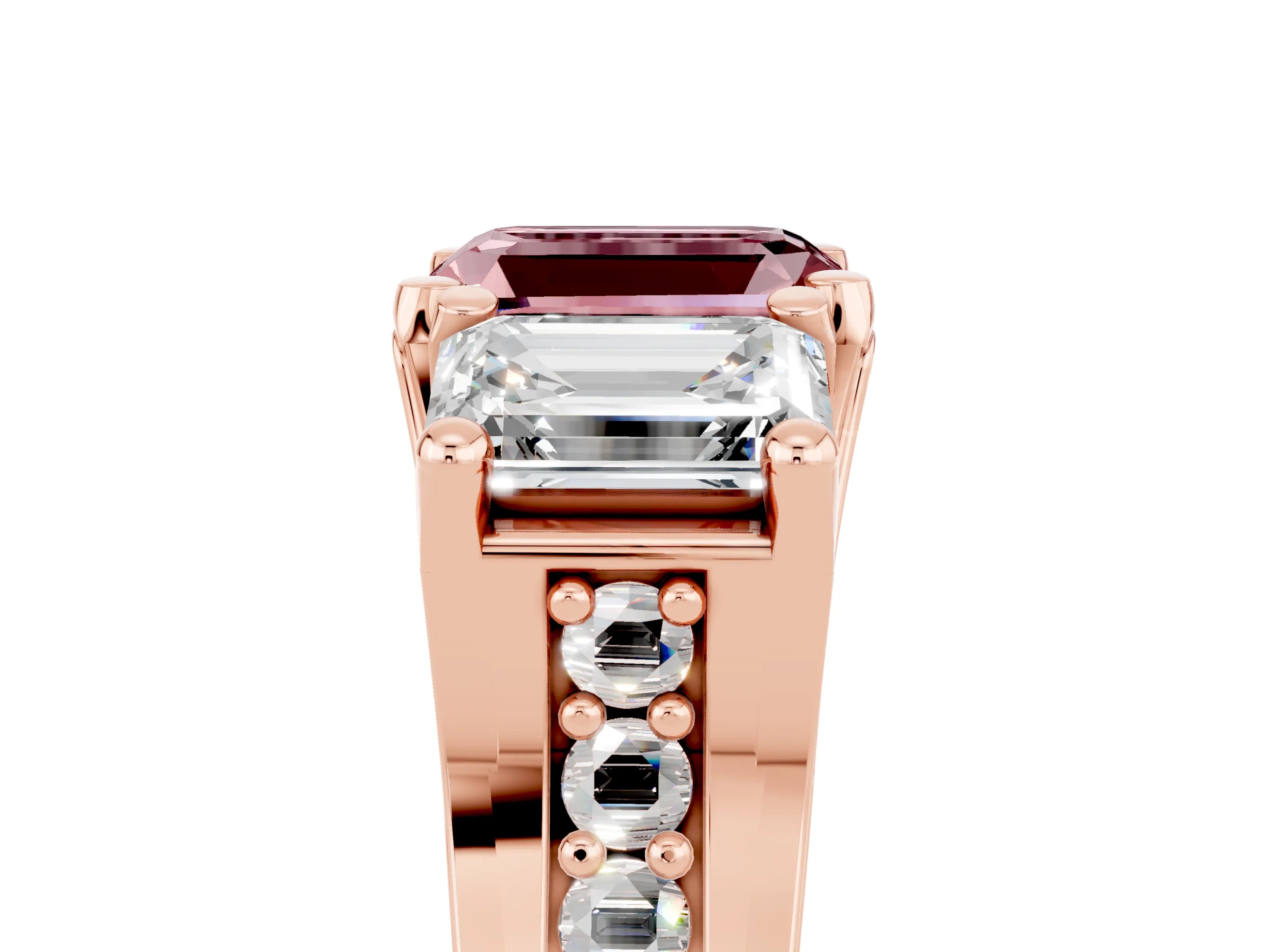 Rose gold Emerald Cut Morganite Three-Stone Ring with Channel Set Band and Four-Prong Setting_5