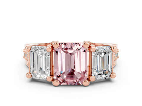 Rose gold Emerald Cut Morganite Three-Stone Ring with Channel Set Band and Four-Prong Setting