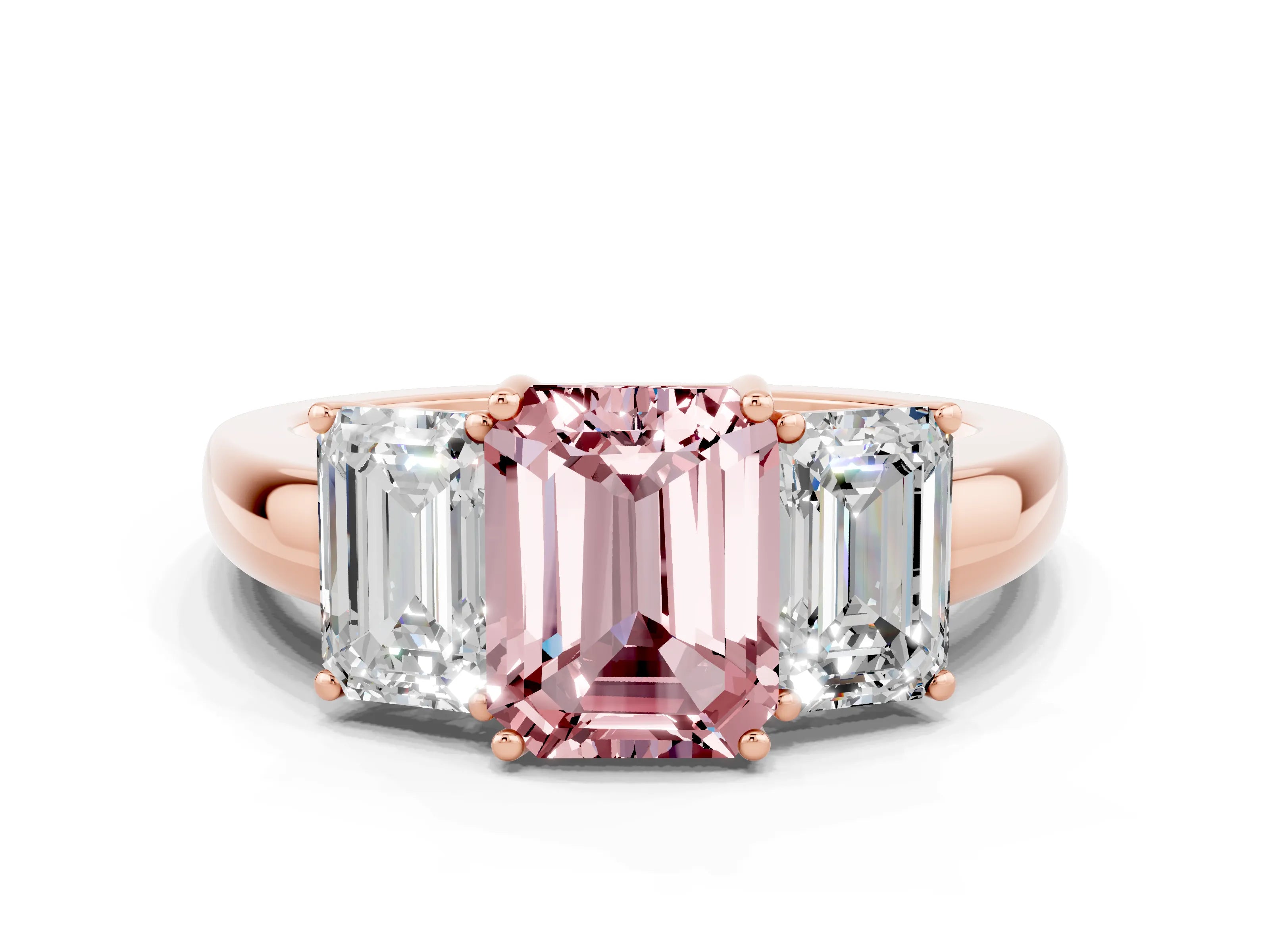 Rose gold Emerald Cut Morganite Three-Stone Ring with Four-Prong Setting and Classic Band