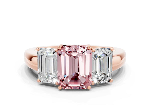 Rose gold Emerald Cut Morganite Three-Stone Ring with Four-Prong Setting and Classic Band