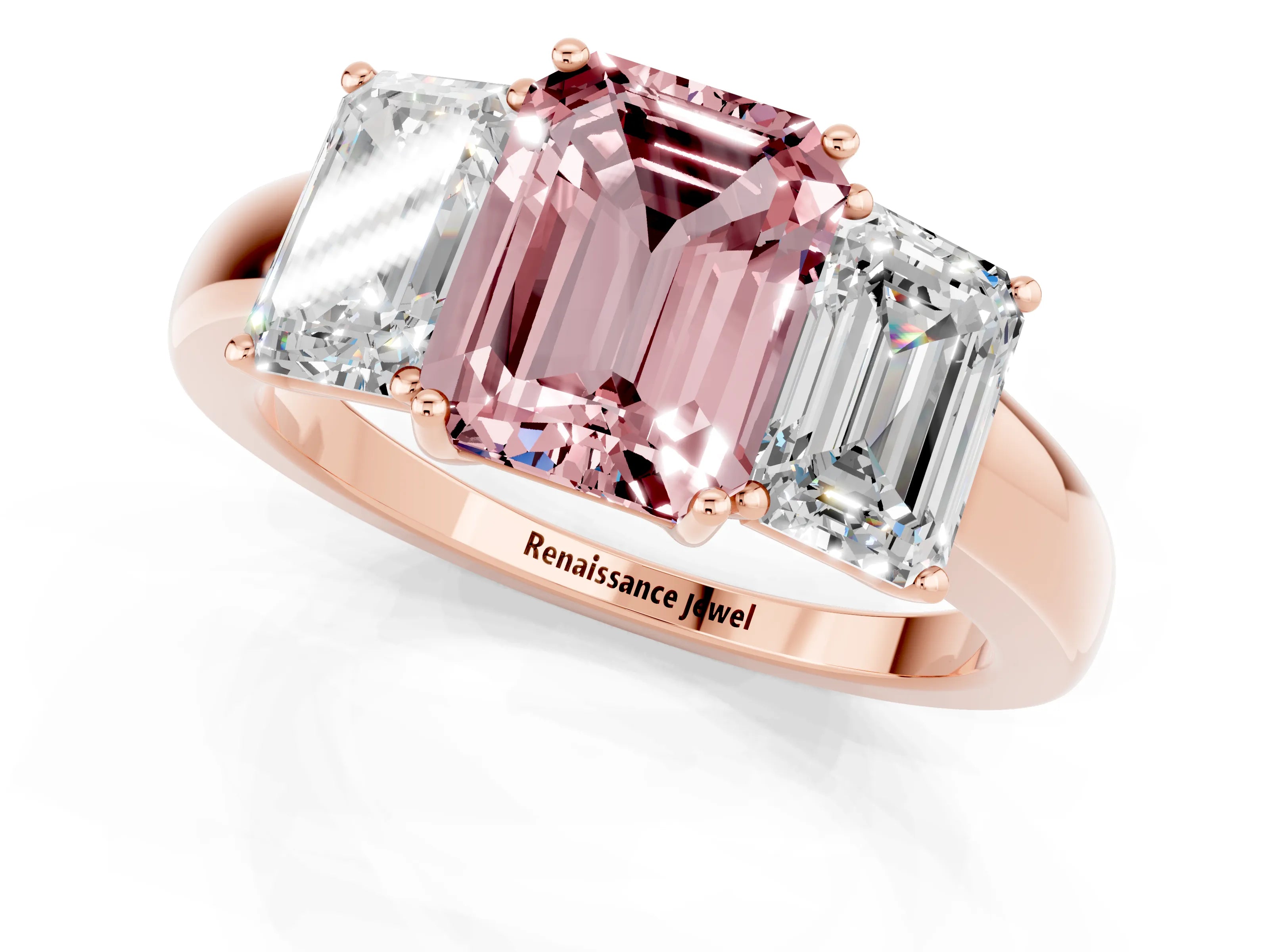 Rose gold Emerald Cut Morganite Three-Stone Ring with Four-Prong Setting and Classic Band_1