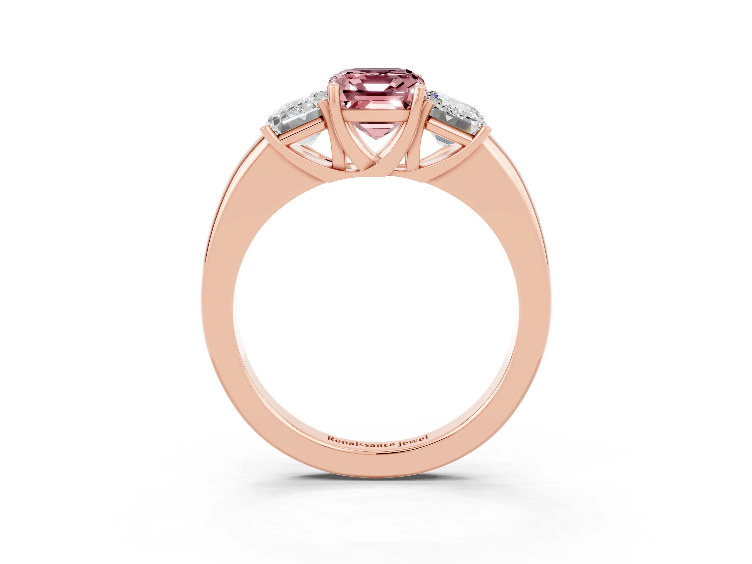 Rose gold Emerald Cut Morganite Three-Stone Ring with Four-Prong Setting and Classic Band_3