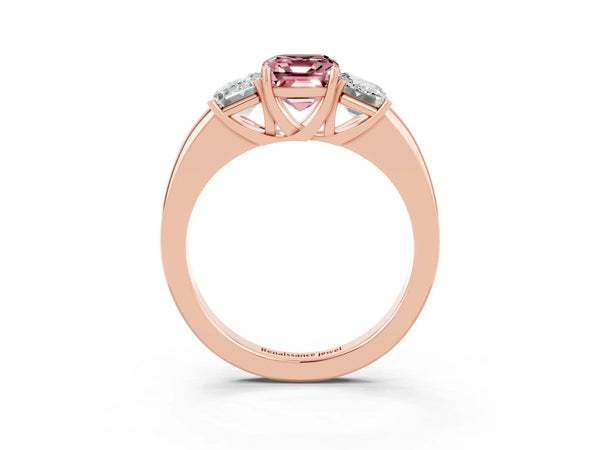 Rose gold Emerald Cut Morganite Three-Stone Ring with Four-Prong Setting and Classic Band