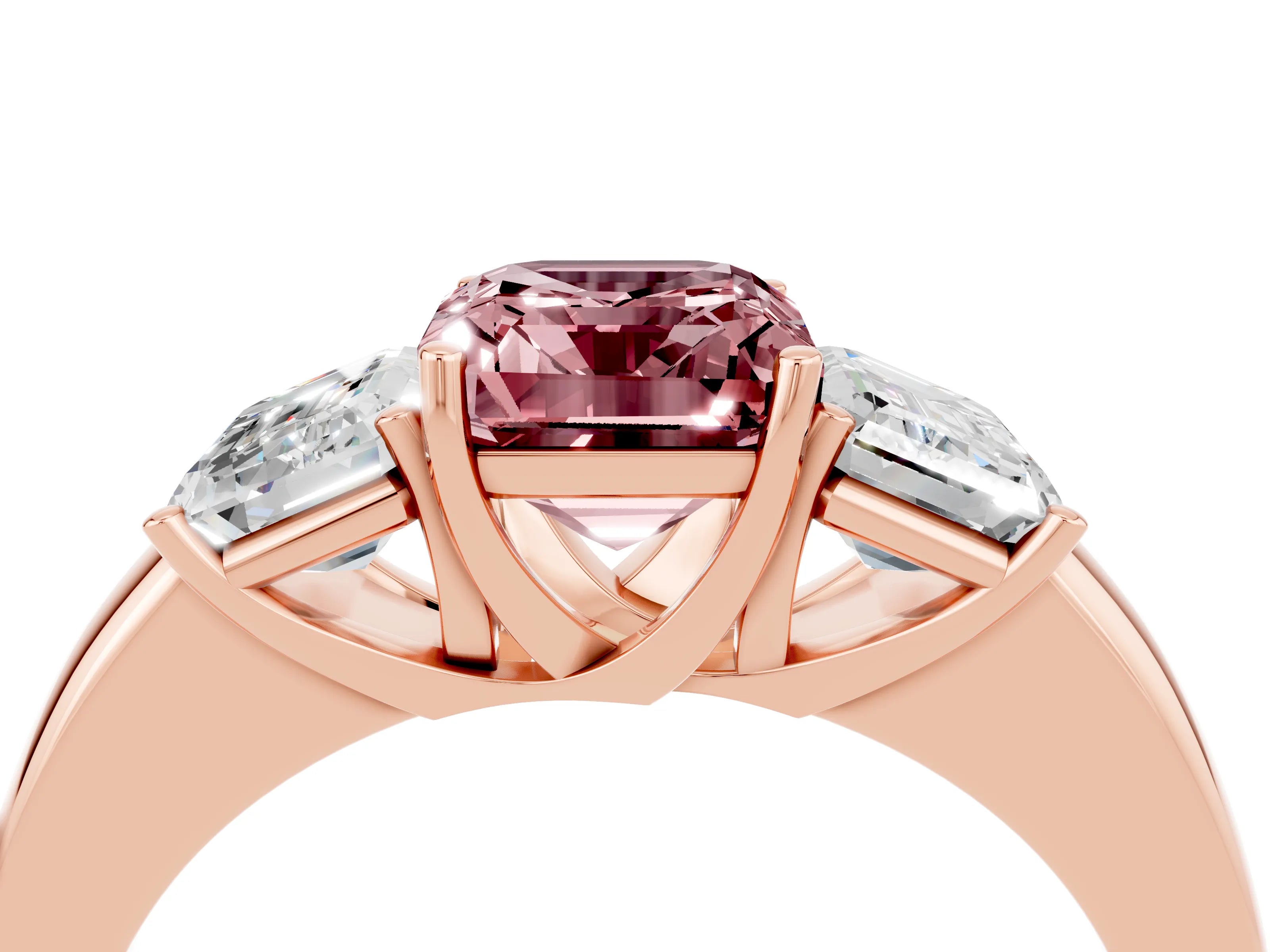 Rose gold Emerald Cut Morganite Three-Stone Ring with Four-Prong Setting and Classic Band_4