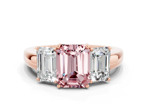 Rose gold Emerald Cut Morganite Three-Stone Ring with Four-Prong Setting and Classic Band