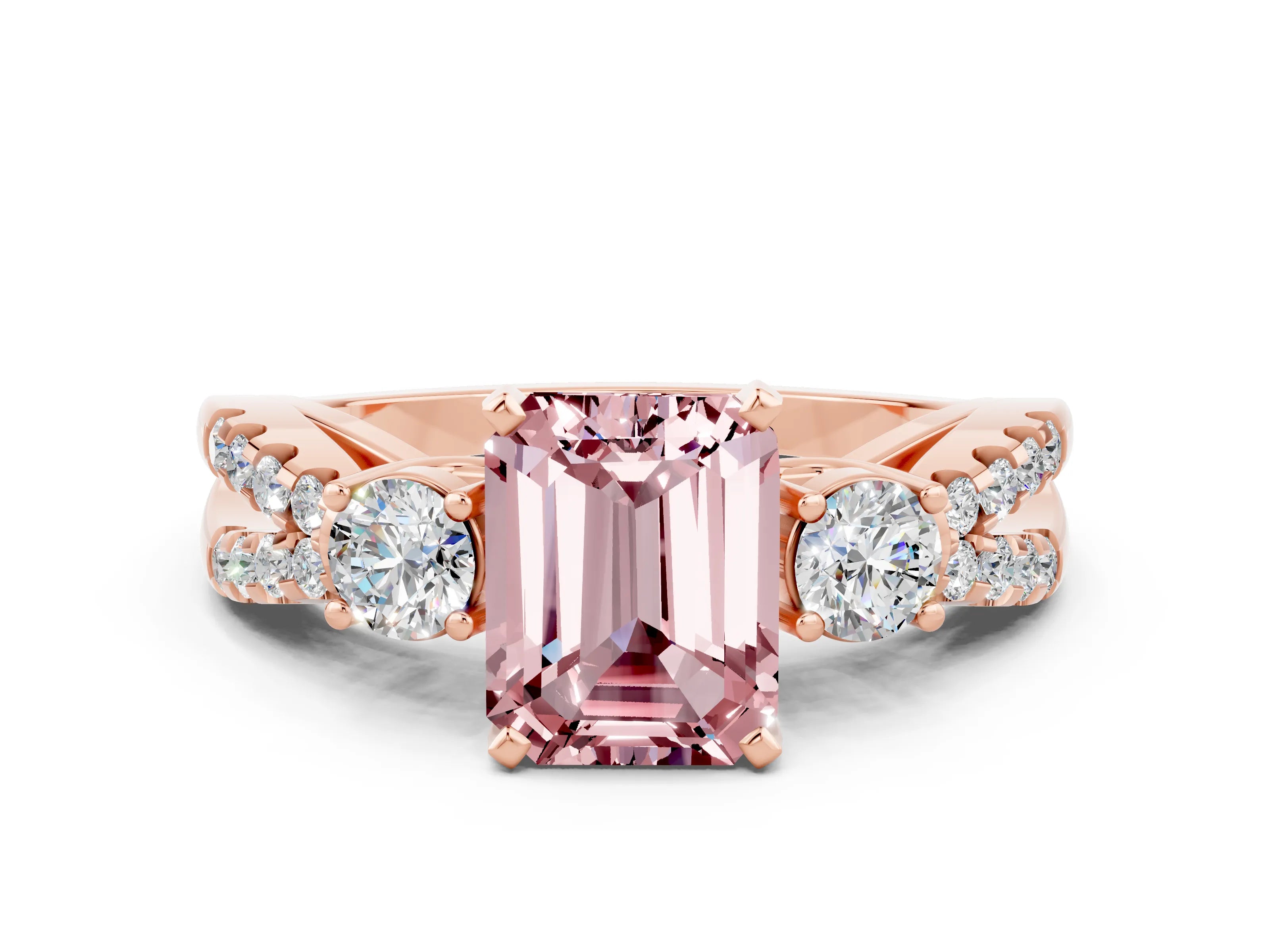 Rose gold Emerald Cut Morganite Three-Stone Ring with Pavé Split Shank and Four-Prong Setting