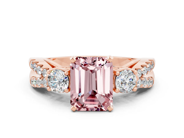 Rose gold Emerald Cut Morganite Three-Stone Ring with Pavé Split Shank and Four-Prong Setting