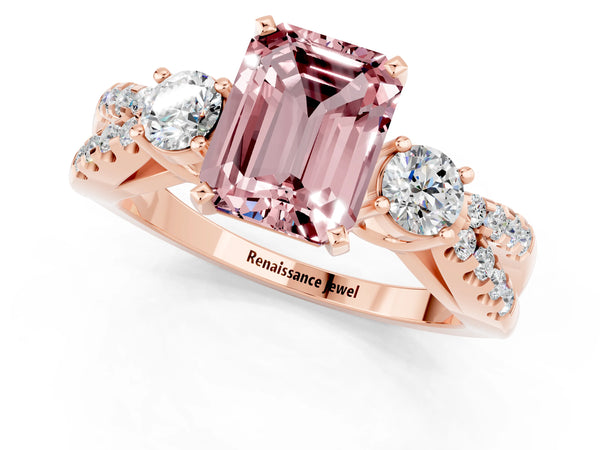 Rose gold Emerald Cut Morganite Three-Stone Ring with Pavé Split Shank and Four-Prong Setting
