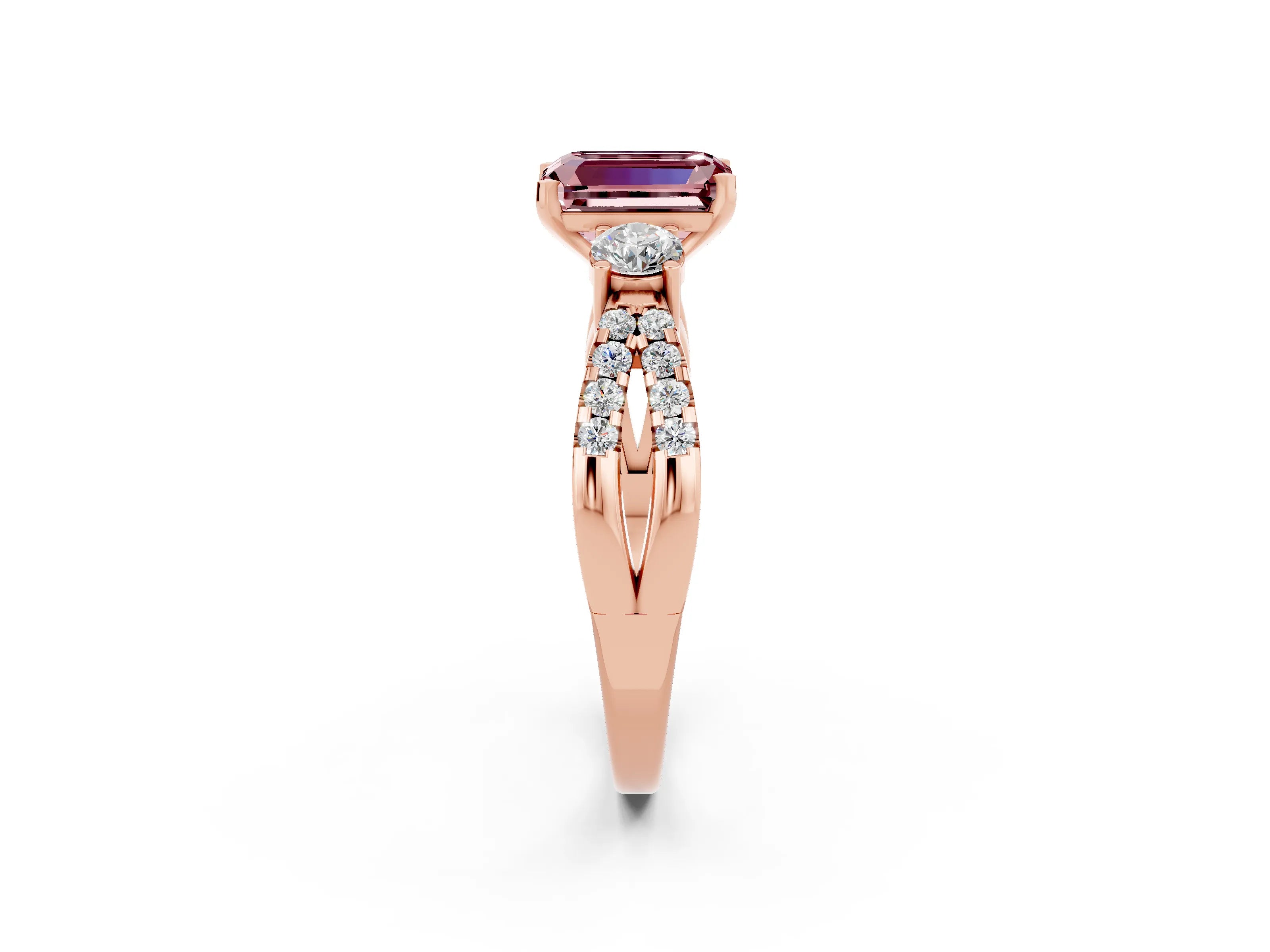 Rose gold Emerald Cut Morganite Three-Stone Ring with Pavé Split Shank and Four-Prong Setting_2