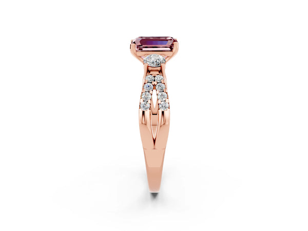Rose gold Emerald Cut Morganite Three-Stone Ring with Pavé Split Shank and Four-Prong Setting