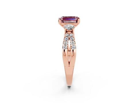 Rose gold Emerald Cut Morganite Three-Stone Ring with Pavé Split Shank and Four-Prong Setting_2