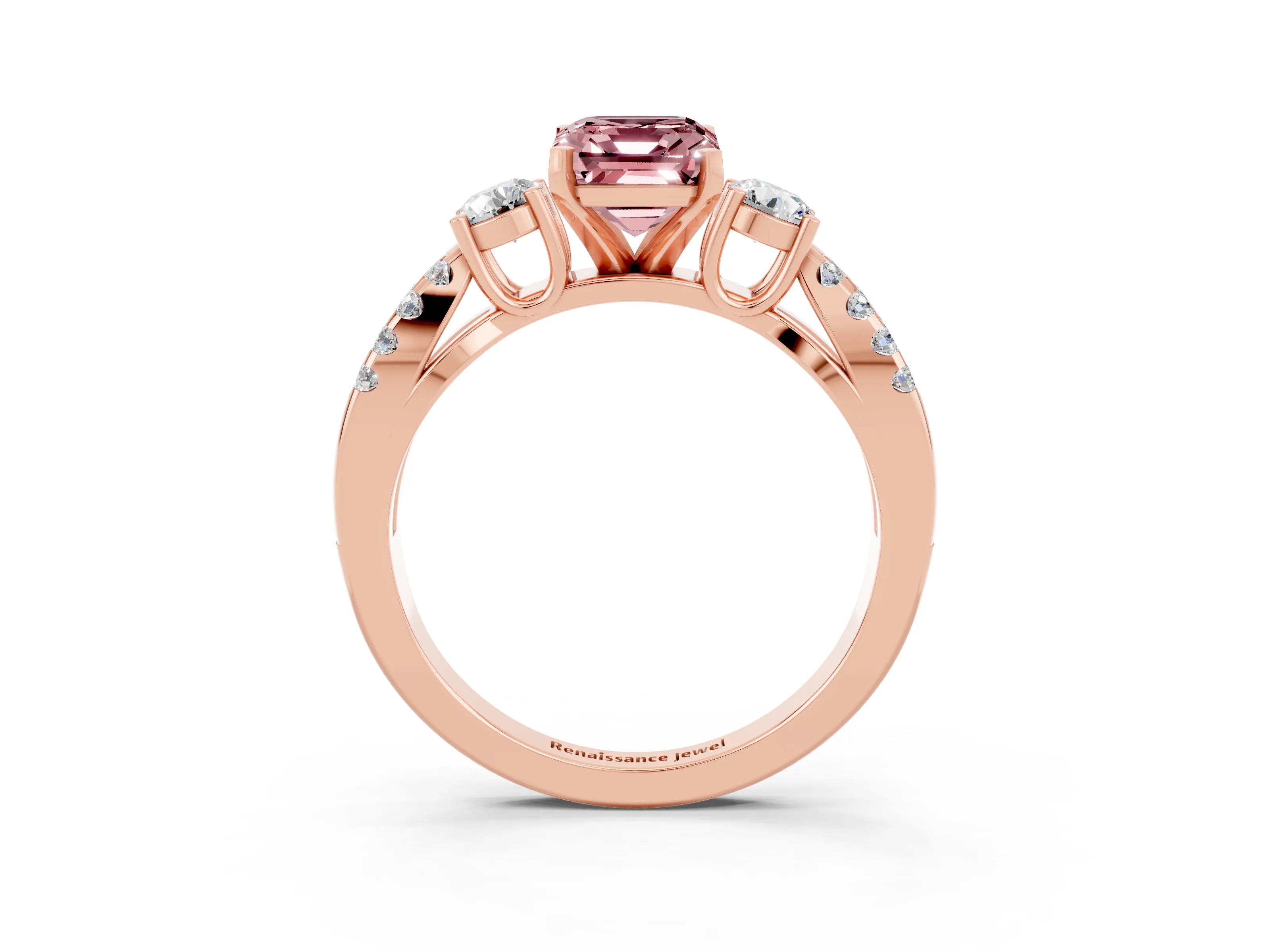 Rose gold Emerald Cut Morganite Three-Stone Ring with Pavé Split Shank and Four-Prong Setting_3