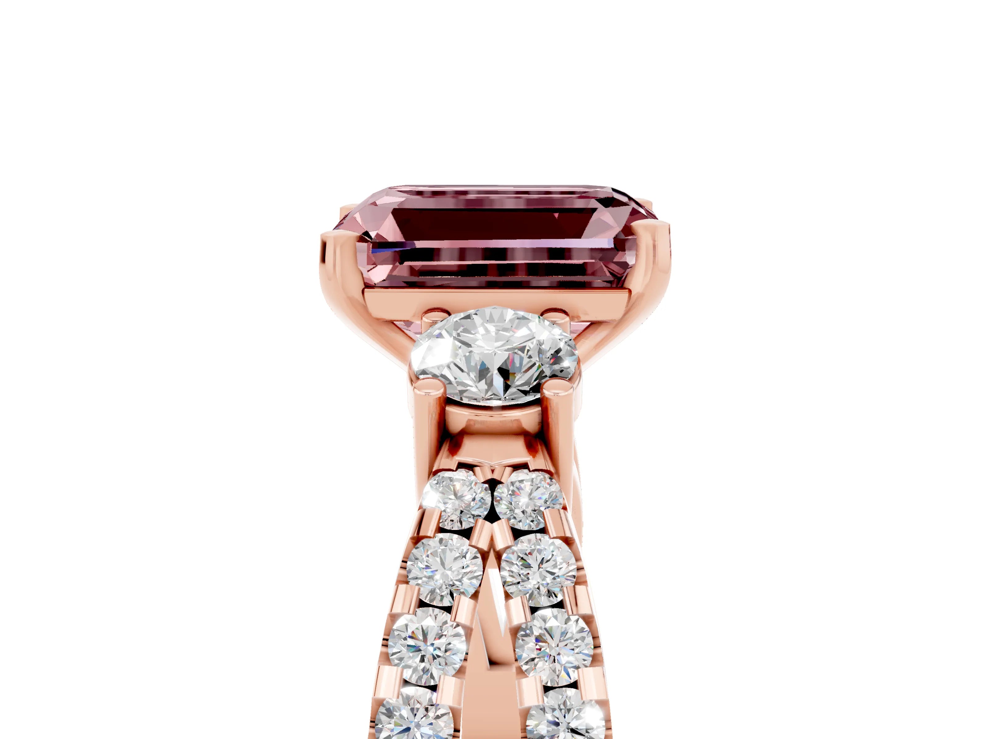 Rose gold Emerald Cut Morganite Three-Stone Ring with Pavé Split Shank and Four-Prong Setting_5
