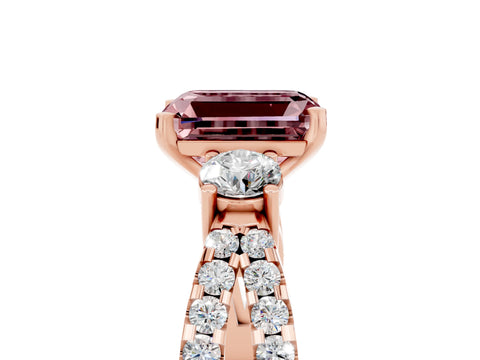 Rose gold Emerald Cut Morganite Three-Stone Ring with Pavé Split Shank and Four-Prong Setting_5