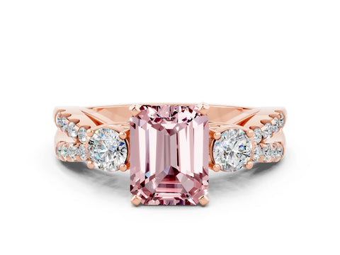 Rose gold Emerald Cut Morganite Three-Stone Ring with Pavé Split Shank and Four-Prong Setting