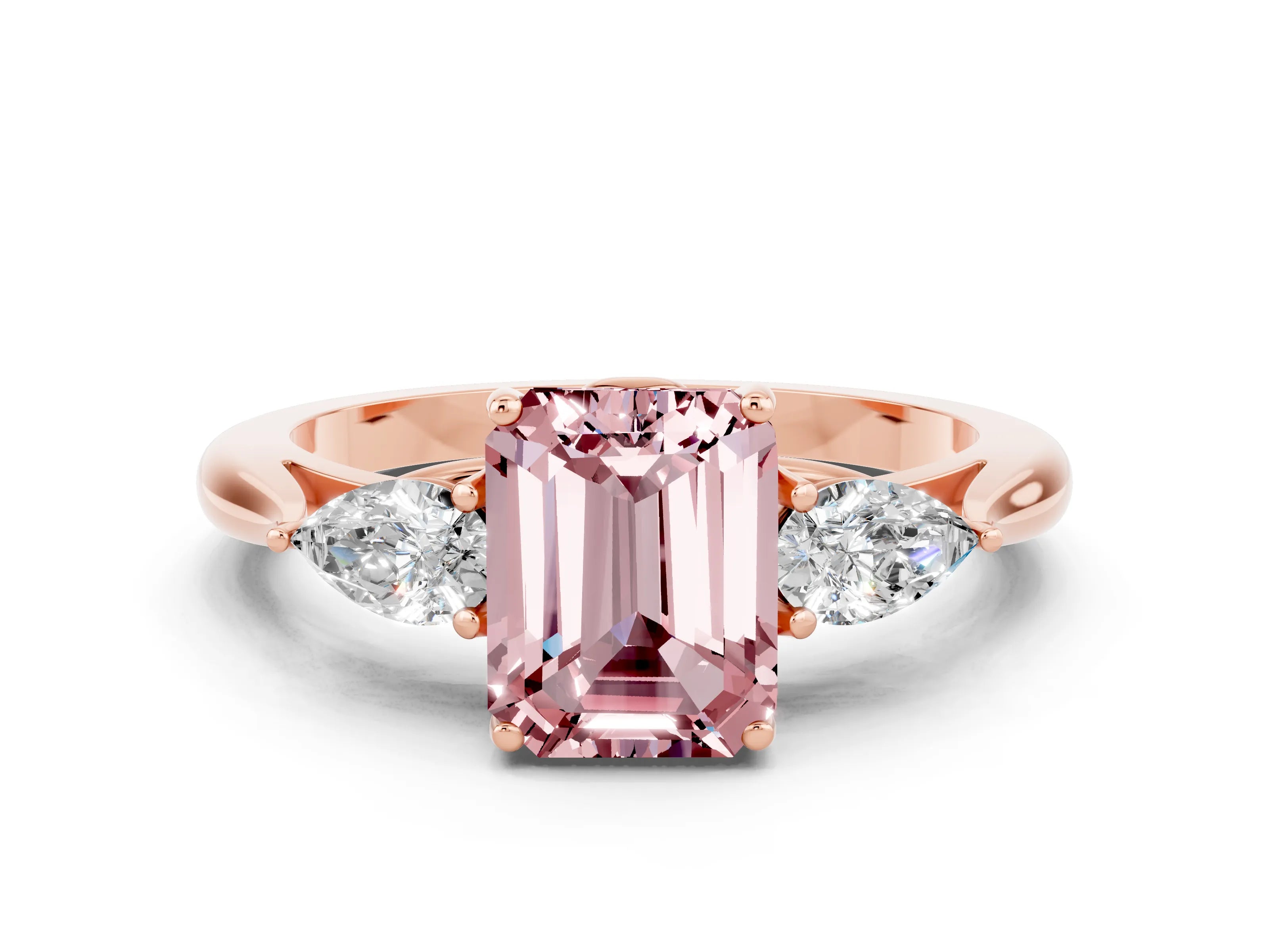 Rose gold Emerald Cut Morganite Three-Stone Ring with Pear Side Stones and Four-Prong Setting_12