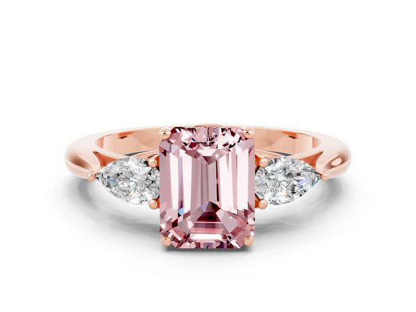 Rose gold Emerald Cut Morganite Three-Stone Ring with Pear  Side Stones and Prong Setting