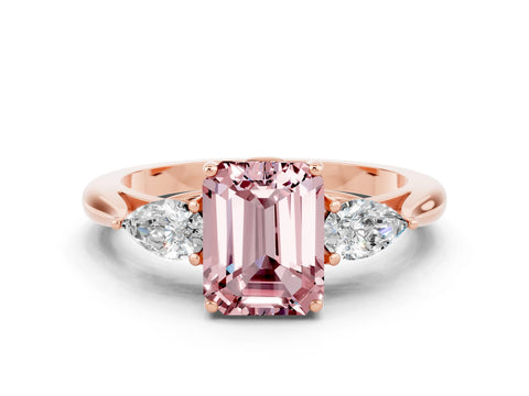 Rose gold Emerald Cut Morganite Three-Stone Ring with Pear Side Stones and Four-Prong Setting_12