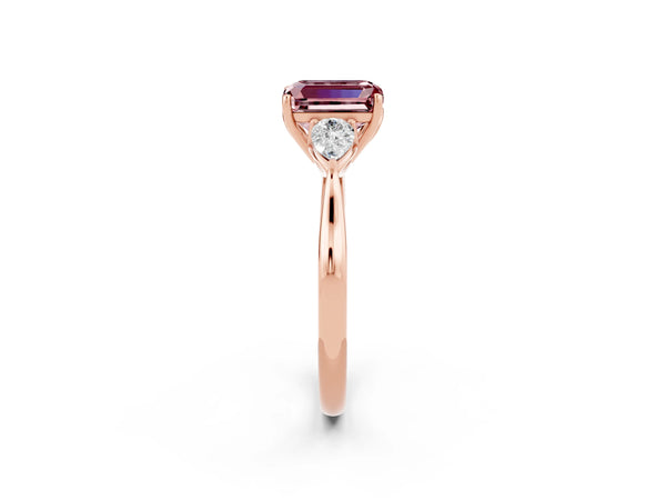 Rose gold Emerald Cut Morganite Three-Stone Ring with Pear  Side Stones and Prong Setting