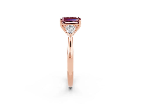 Rose gold Emerald Cut Morganite Three-Stone Ring with Pear Side Stones and Four-Prong Setting_14