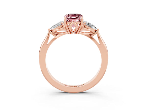 Rose gold Emerald Cut Morganite Three-Stone Ring with Pear  Side Stones and Prong Setting