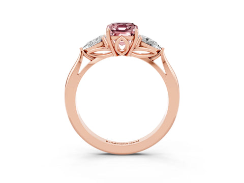 Rose gold Emerald Cut Morganite Three-Stone Ring with Pear Side Stones and Four-Prong Setting_15