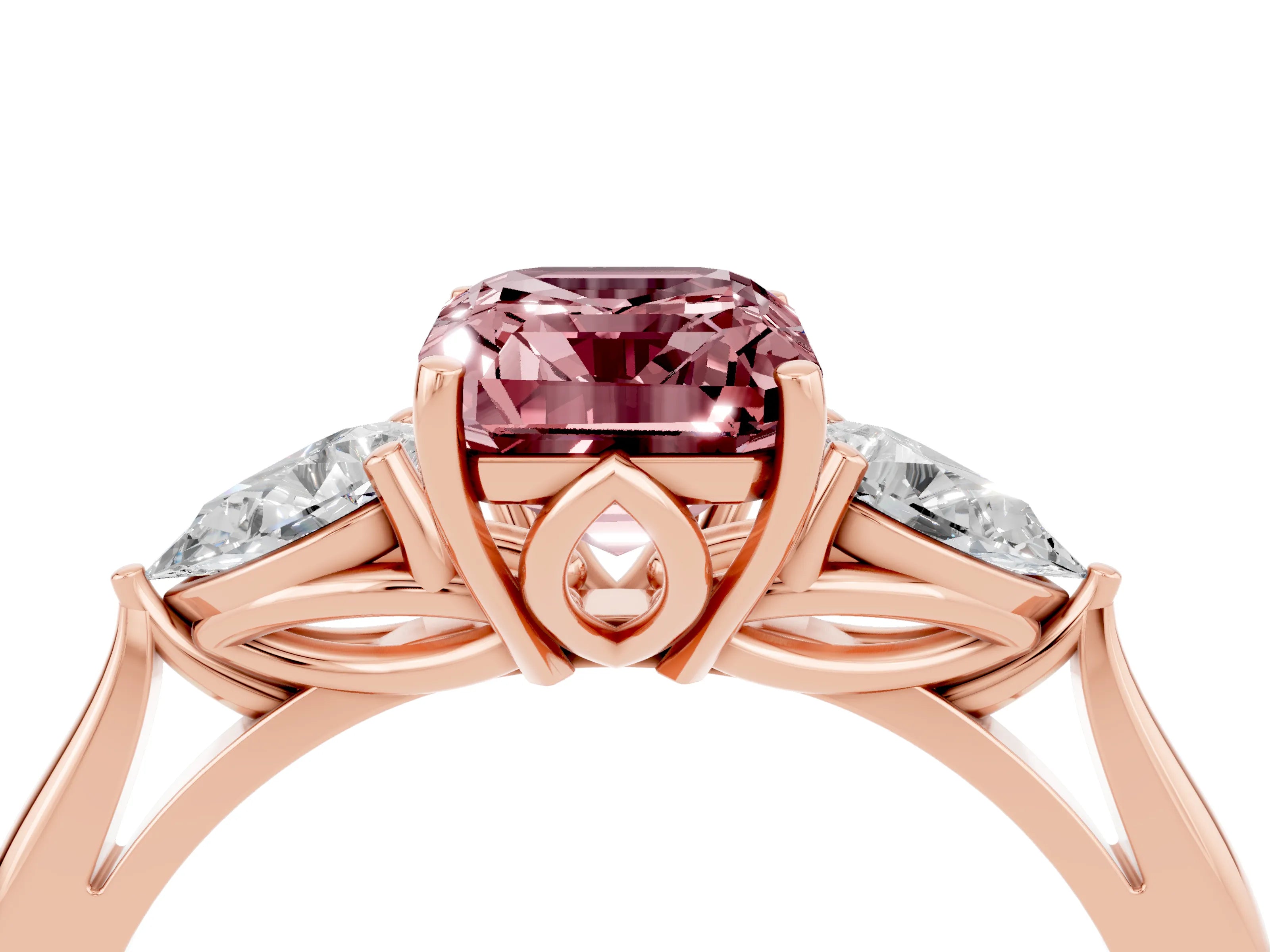 Rose gold Emerald Cut Morganite Three-Stone Ring with Pear Side Stones and Four-Prong Setting_16