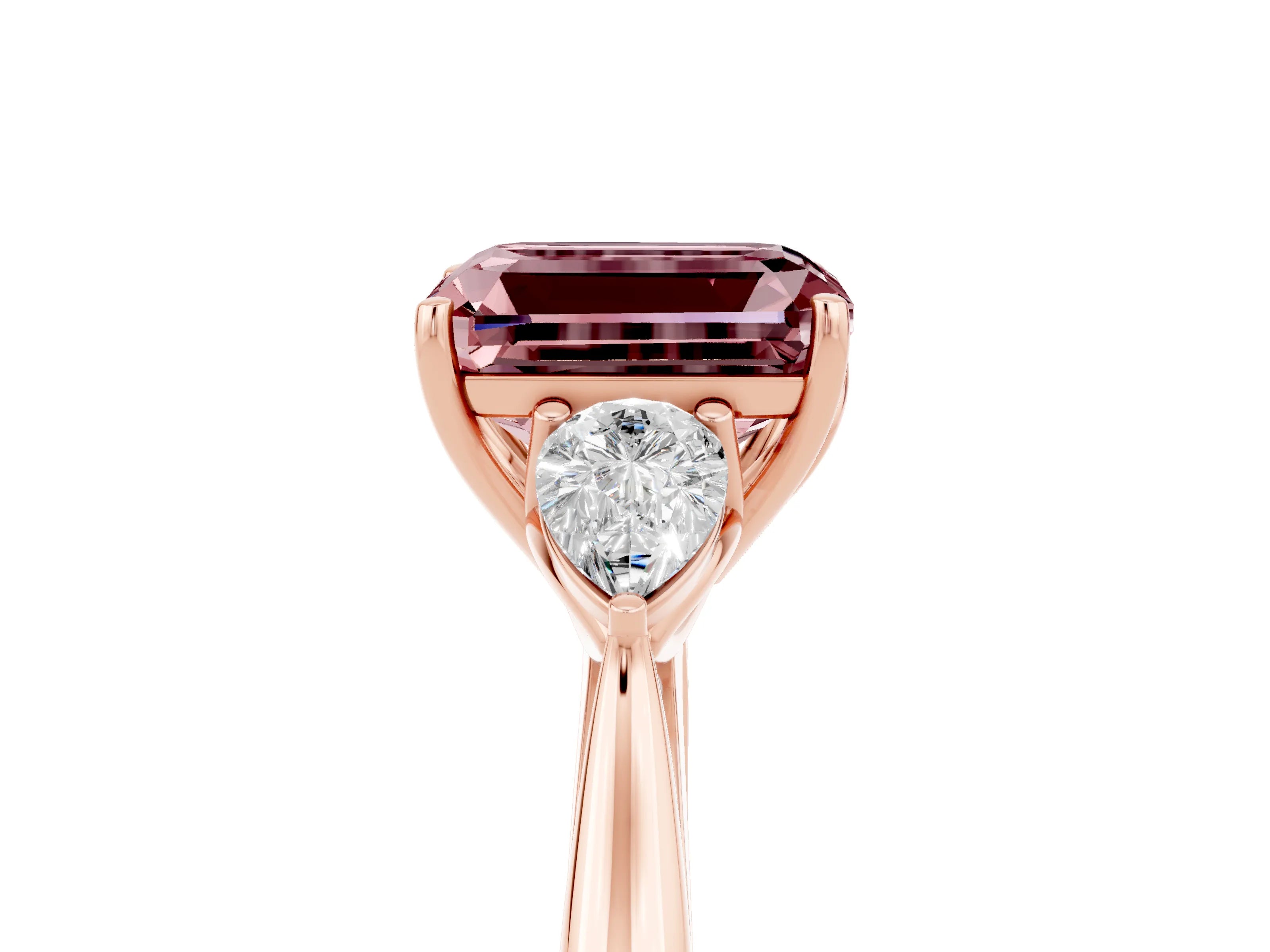 Rose gold Emerald Cut Morganite Three-Stone Ring with Pear Side Stones and Four-Prong Setting_17