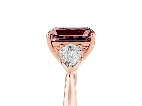 Rose gold Emerald Cut Morganite Three-Stone Ring with Pear Side Stones and Four-Prong Setting_17