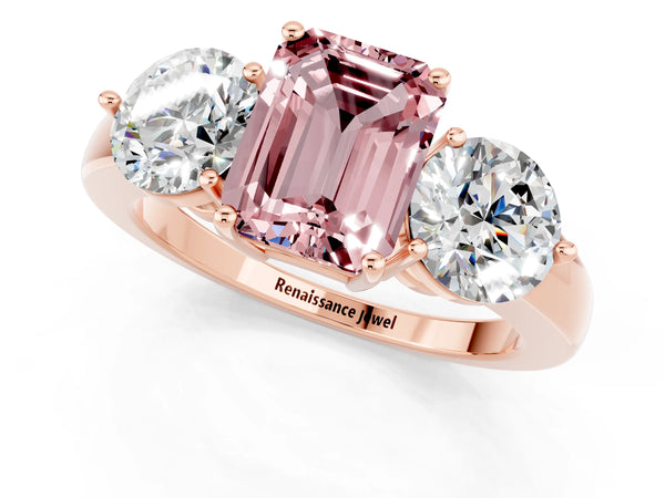 Rose gold Emerald Cut Morganite Three-Stone Ring with Prong Setting and Classic Band