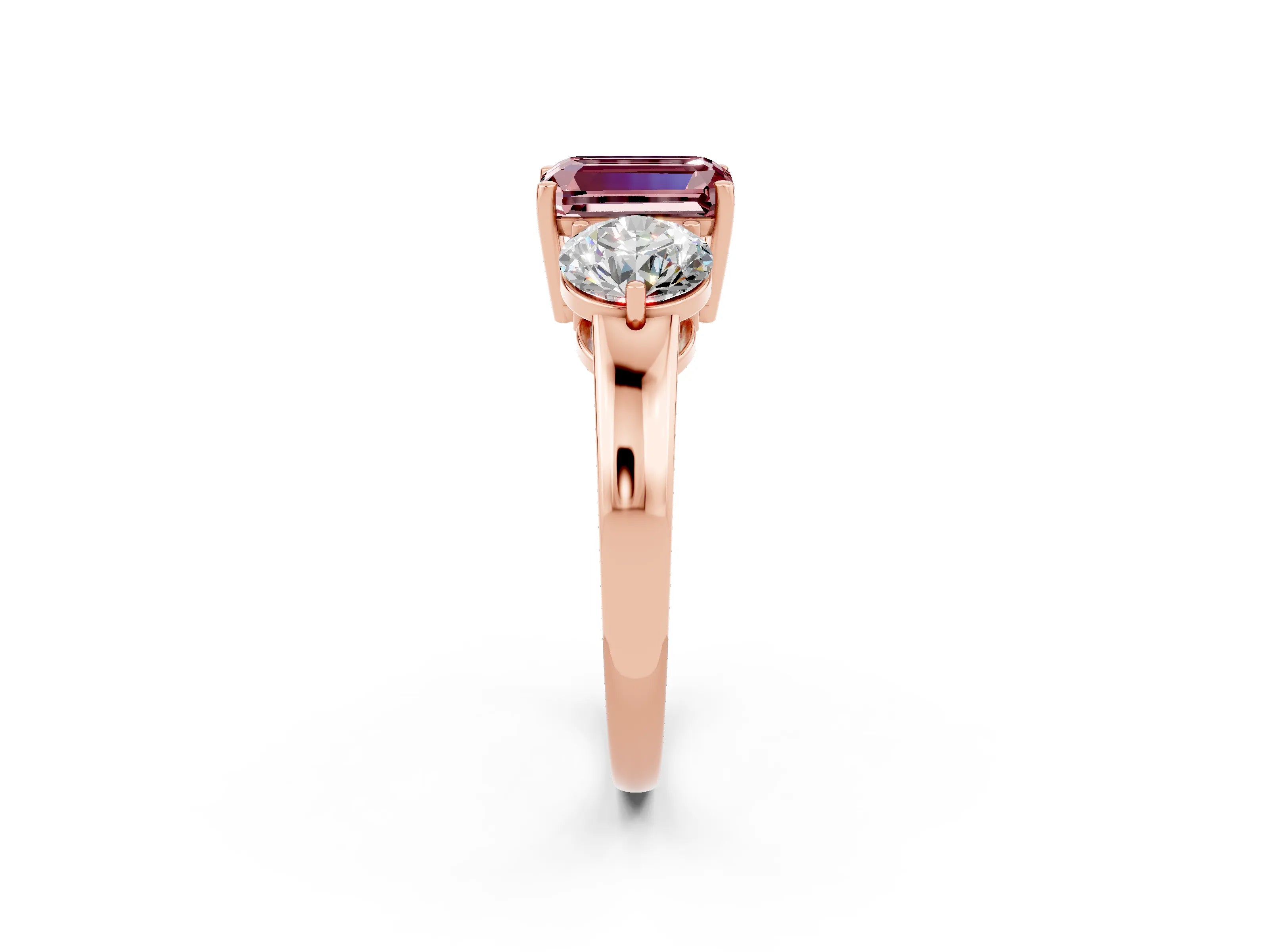 Rose gold Emerald Cut Morganite Three-Stone Ring with Prong Setting and Classic Band_2