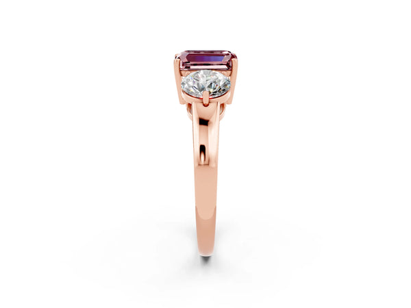 Rose gold Emerald Cut Morganite Three-Stone Ring with Prong Setting and Classic Band