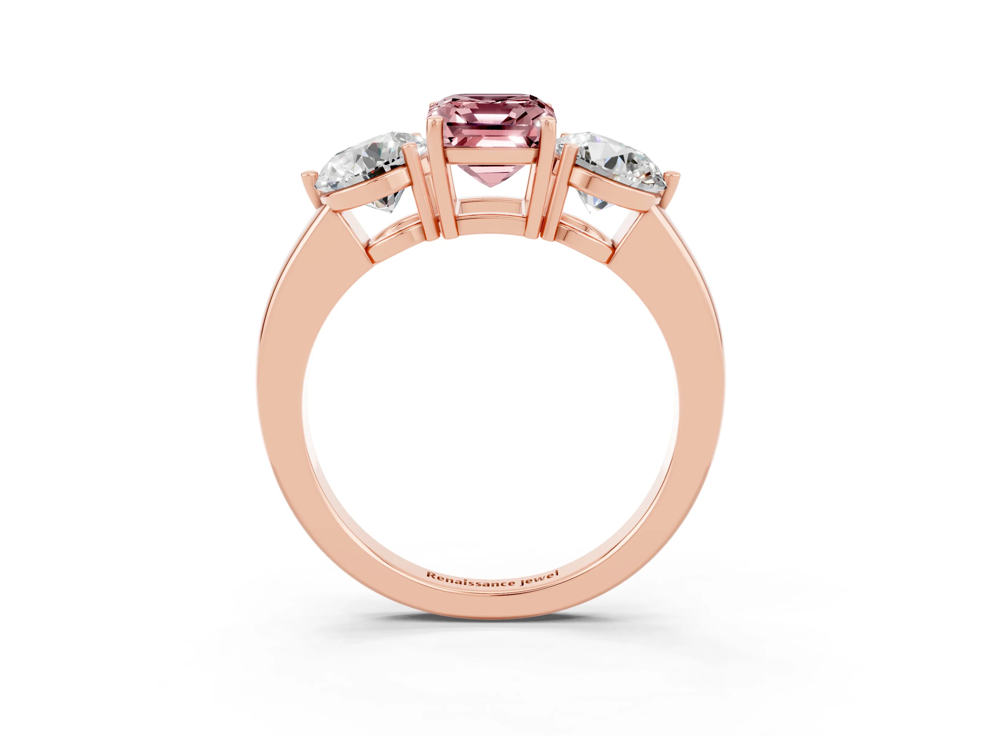 Rose gold Emerald Cut Morganite Three-Stone Ring with Prong Setting and Classic Band_3