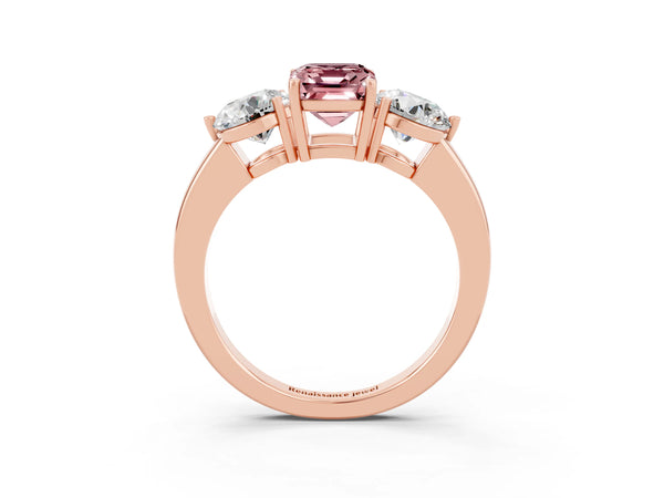 Rose gold Emerald Cut Morganite Three-Stone Ring with Prong Setting and Classic Band