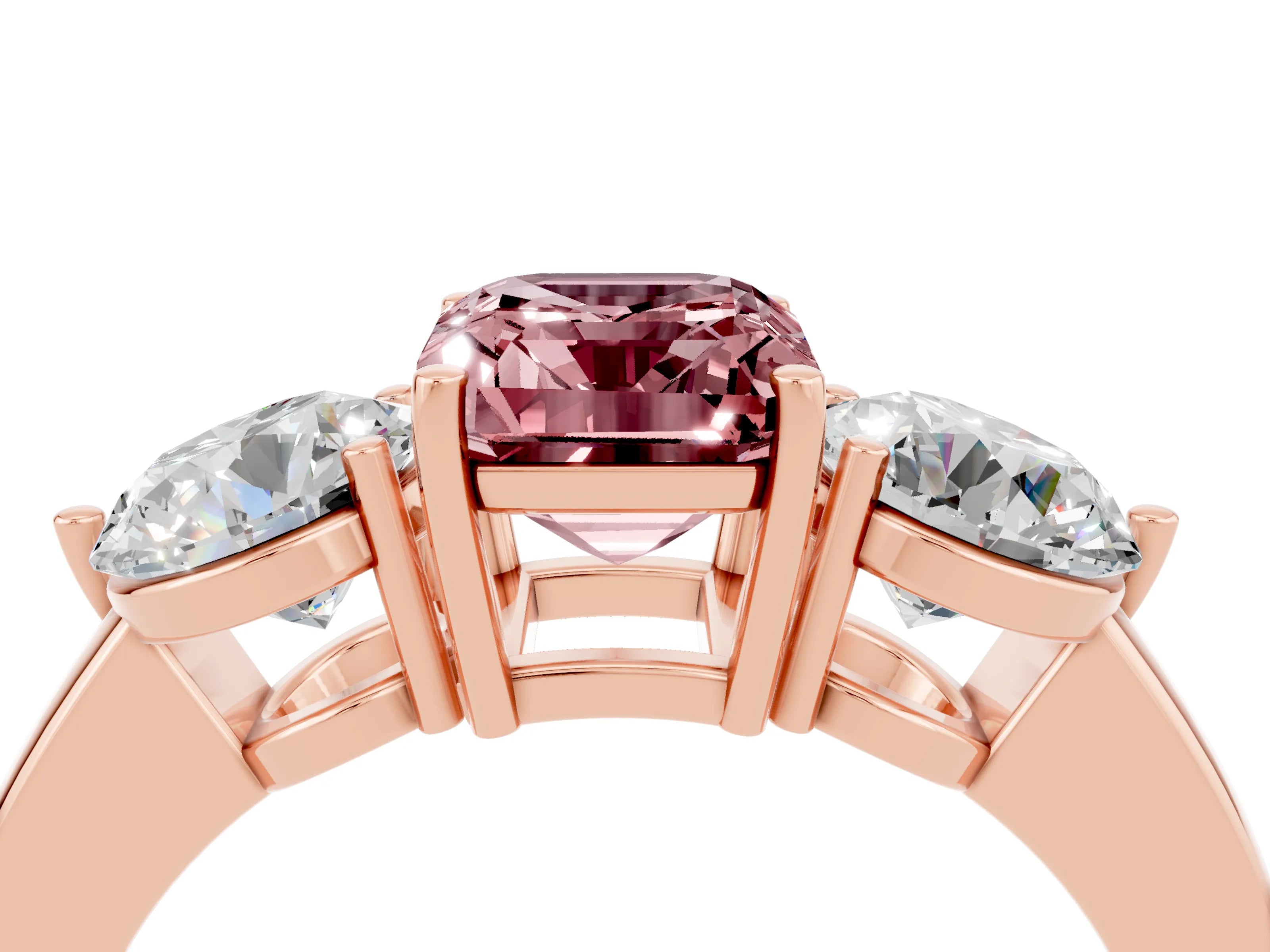 Rose gold Emerald Cut Morganite Three-Stone Ring with Prong Setting and Classic Band_4