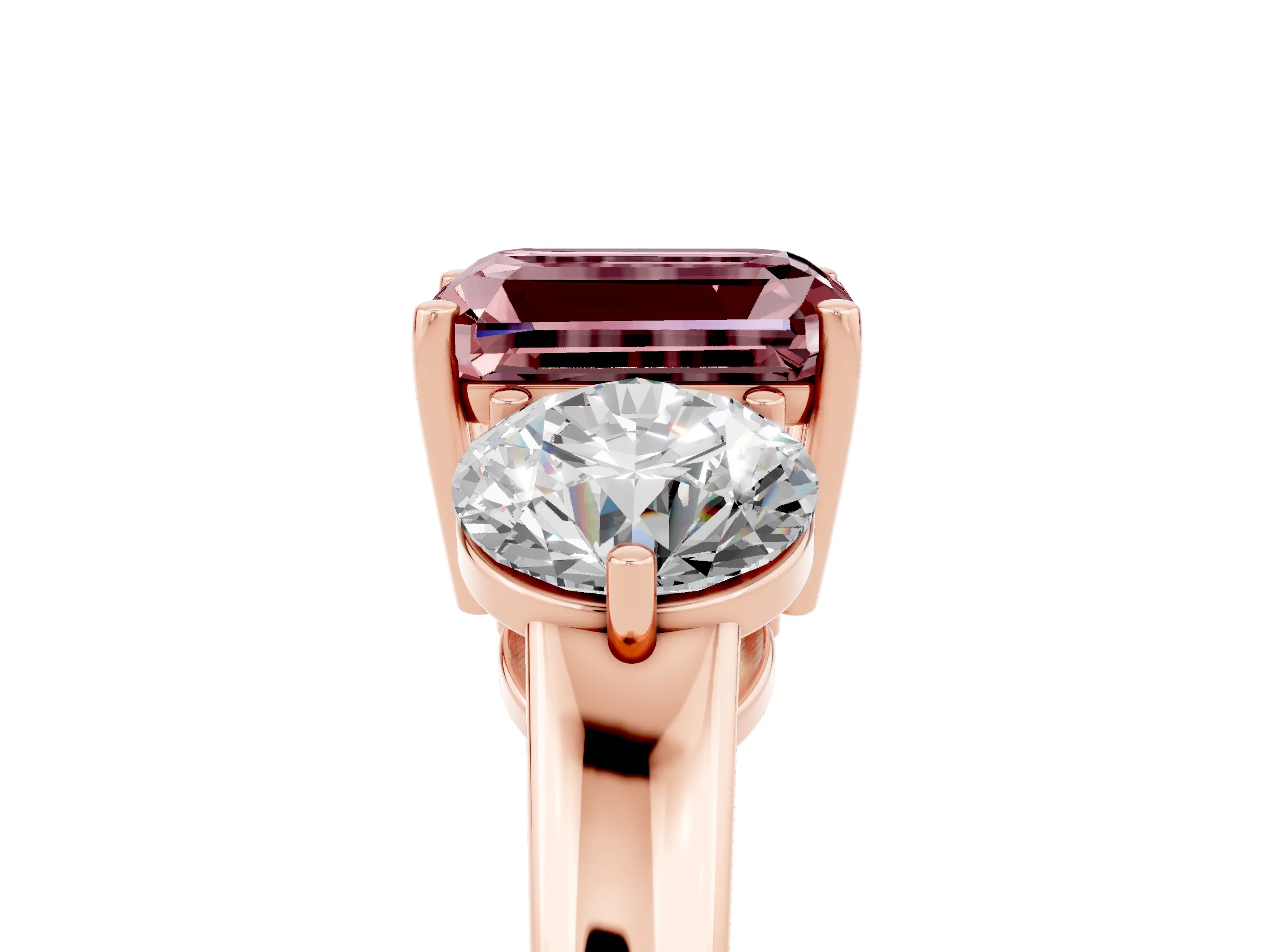 Rose gold Emerald Cut Morganite Three-Stone Ring with Prong Setting and Classic Band_5