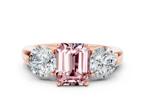 Rose gold Emerald Cut Morganite Three-Stone Ring with Prong Setting and Classic Band