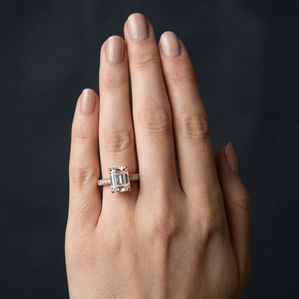 Rose gold Emerald Cut Pave Band Milgrain Solitaire Ring