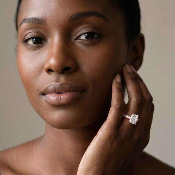 Rose gold Emerald Cut Pave Band Milgrain Solitaire Ring