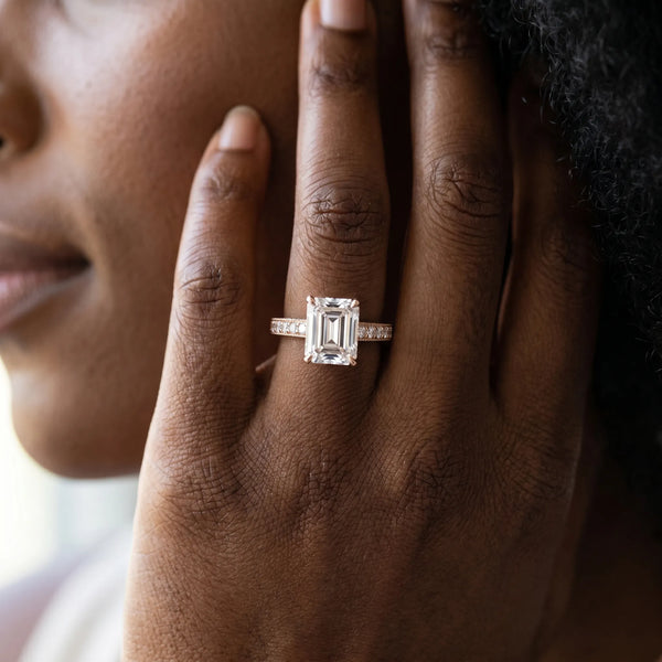Rose gold Emerald Cut Pave Band Milgrain Solitaire Ring