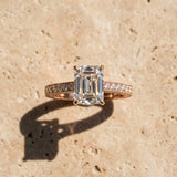 Rose gold Emerald Cut Pave Band Milgrain Solitaire Ring_21