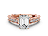 Rose gold Emerald Cut Pave Band Milgrain Solitaire Ring_6
