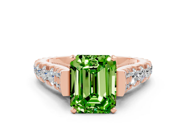 Rose gold Emerald Cut Peridot Classic Solitaire Ring with Pavé Band and Four-Prong Setting