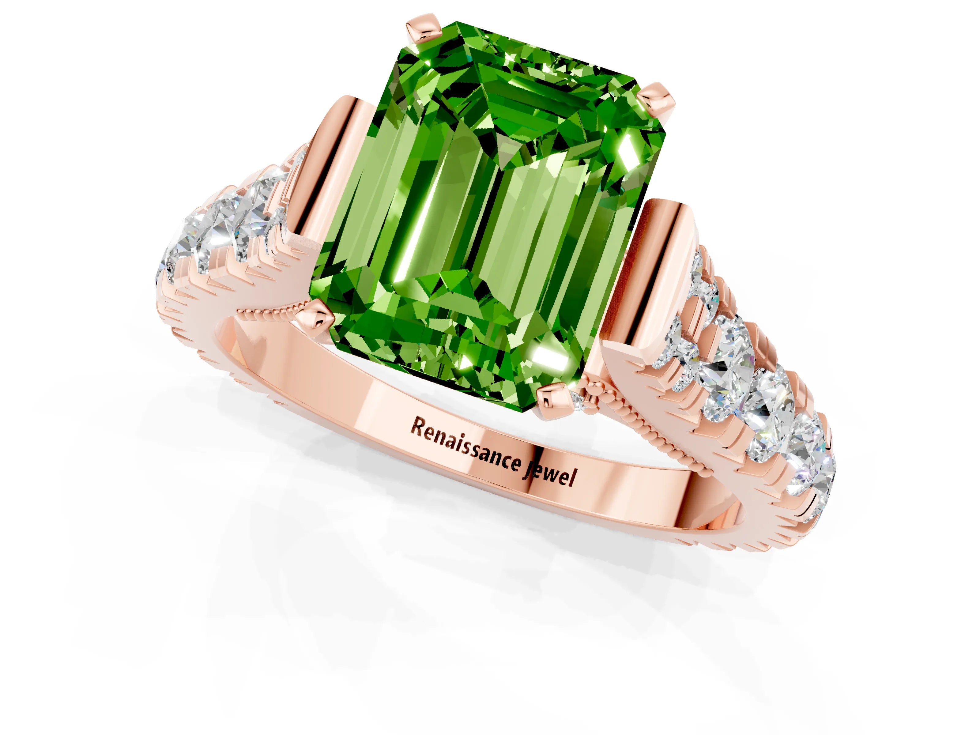 Rose gold Emerald Cut Peridot Classic Solitaire Ring with Pavé Band and Four-Prong Setting_1