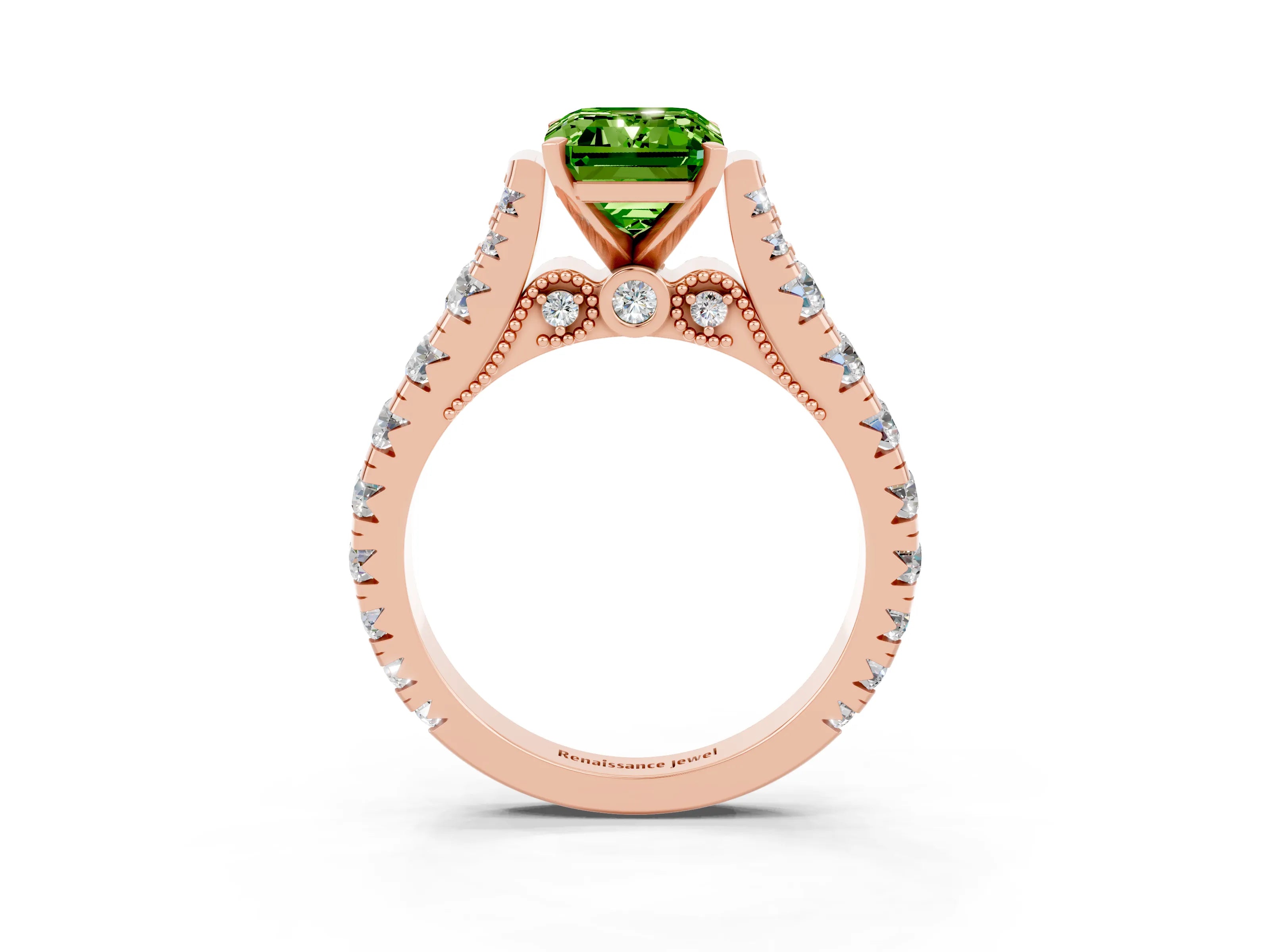 Rose gold Emerald Cut Peridot Classic Solitaire Ring with Pavé Band and Four-Prong Setting_3
