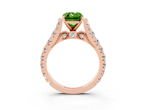 Rose gold Emerald Cut Peridot Classic Solitaire Ring with Pavé Band and Four-Prong Setting