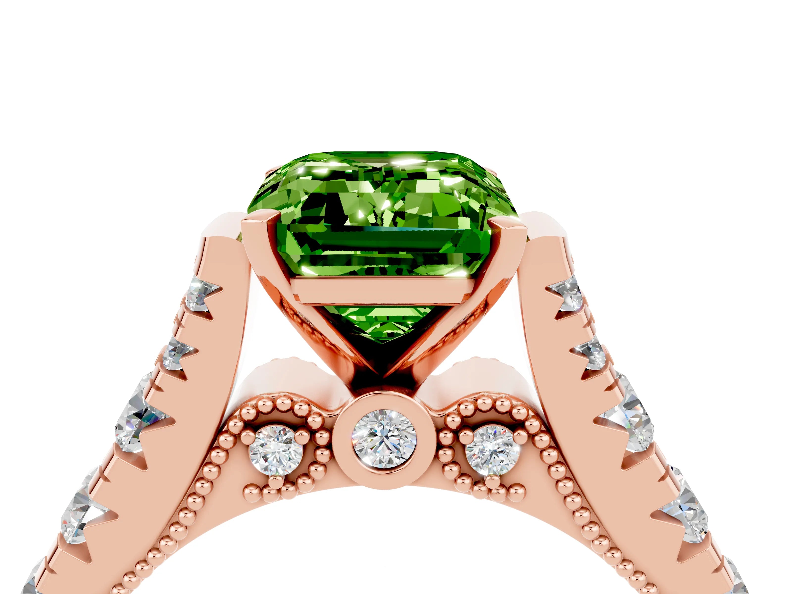 Rose gold Emerald Cut Peridot Classic Solitaire Ring with Pavé Band and Four-Prong Setting_4