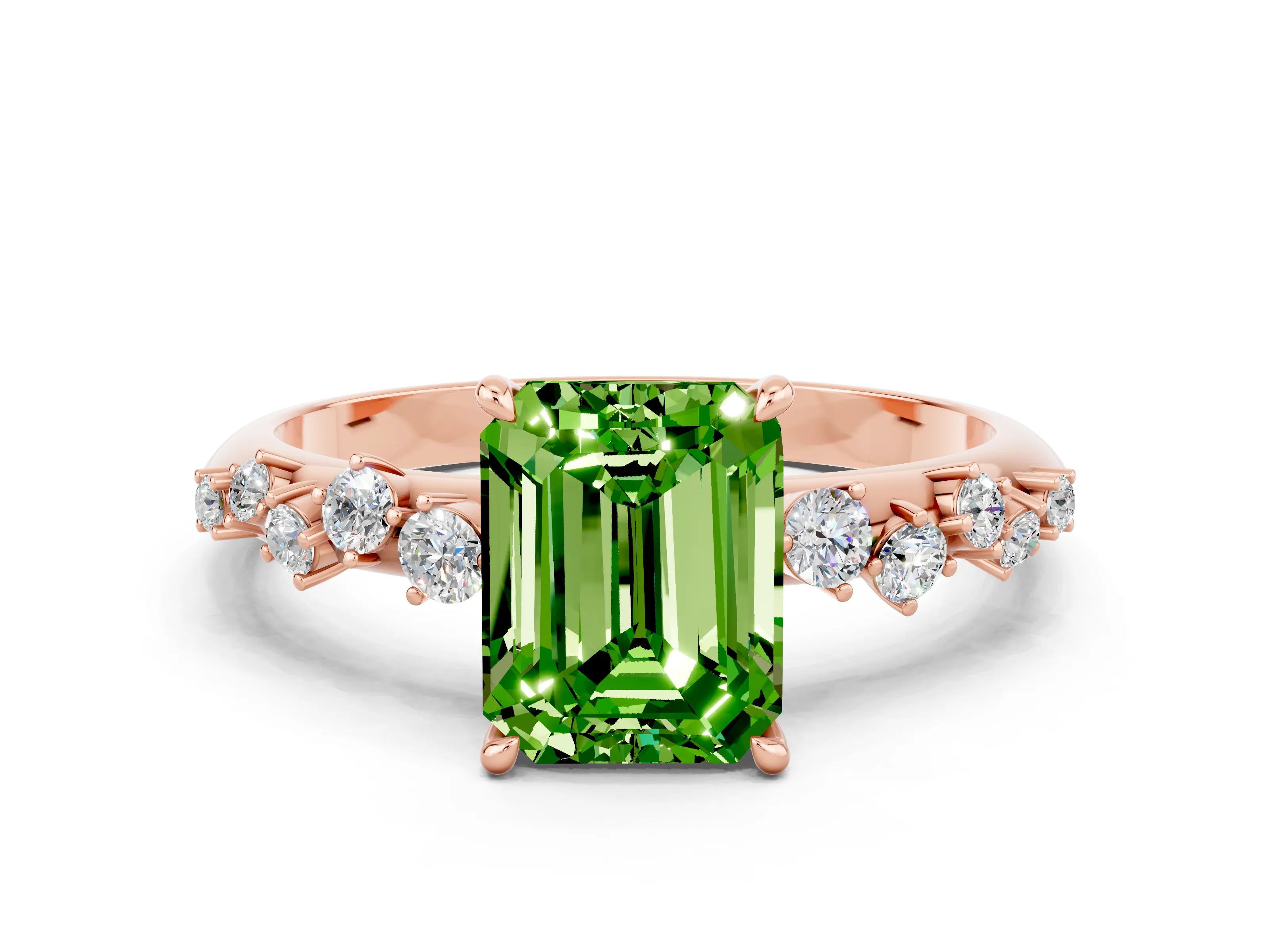 Rose gold Emerald Cut Peridot Cluster Side Stone Solitaire Ring with Prong Setting_24